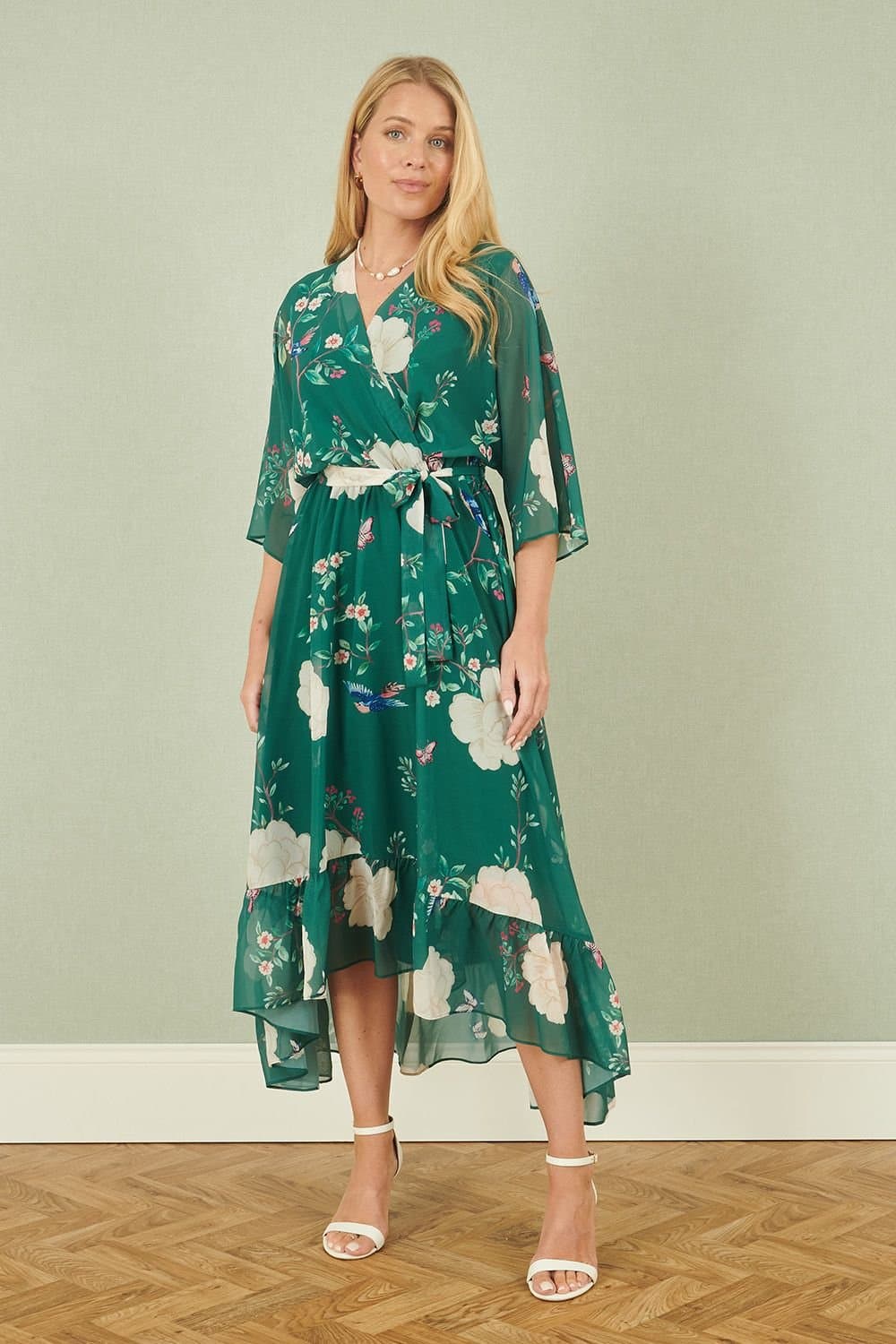 Yumi Yumi Women's Green Bird & Floral Print Midi Wrap Dress