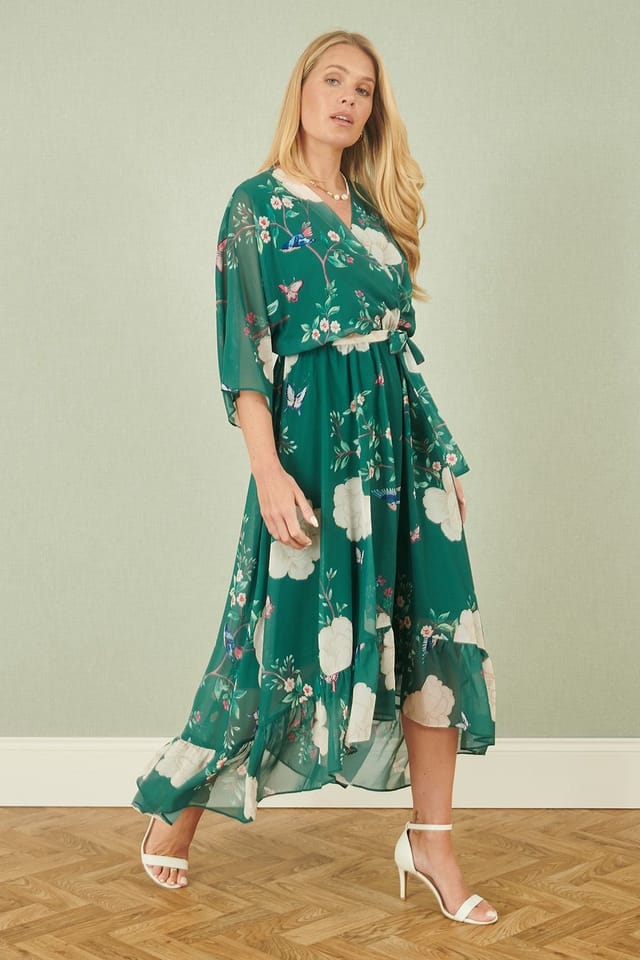 Yumi Yumi Women's Green Bird & Floral Print Midi Wrap Dress - 2