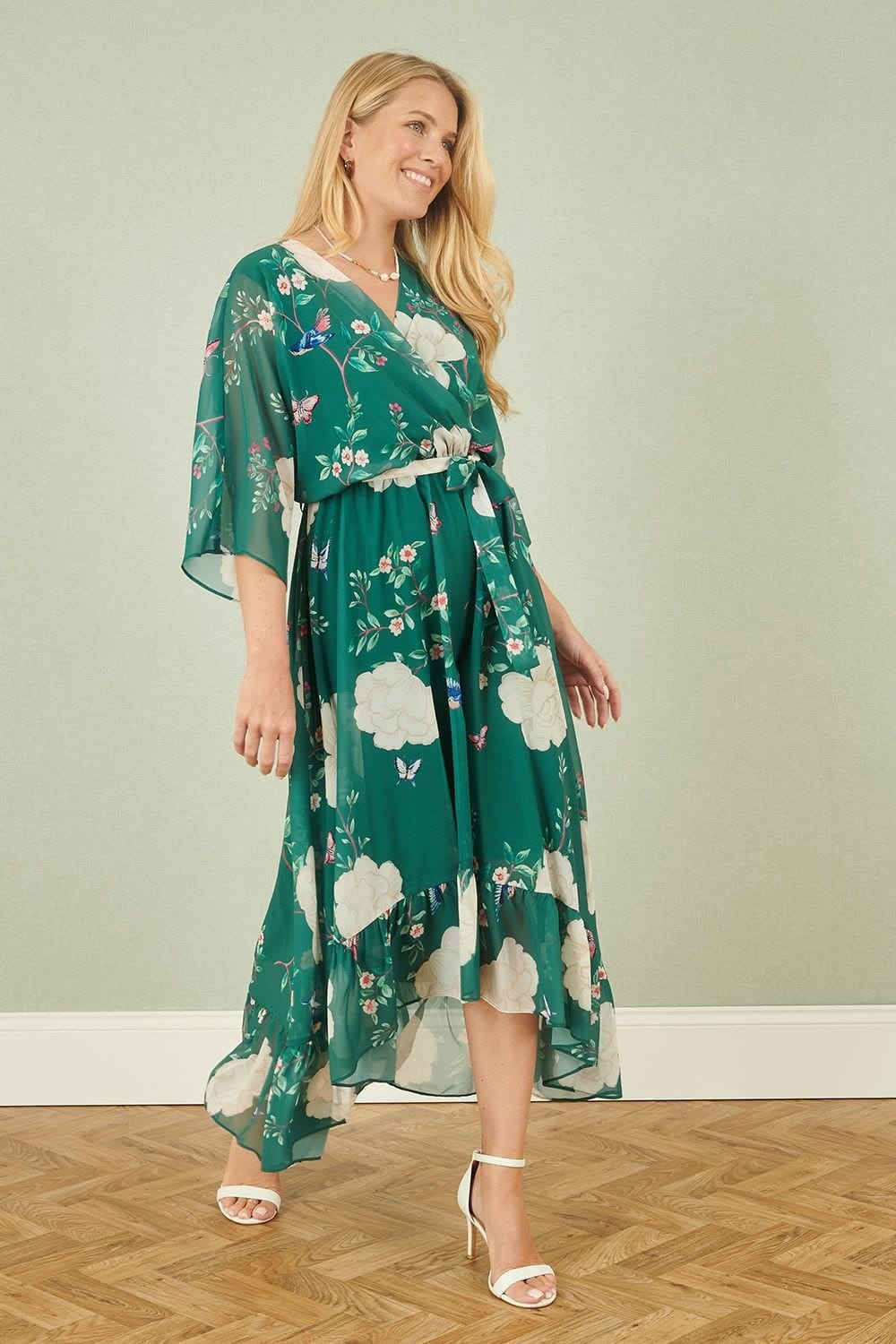 Yumi Yumi Women's Green Bird & Floral Print Midi Wrap Dress - 4