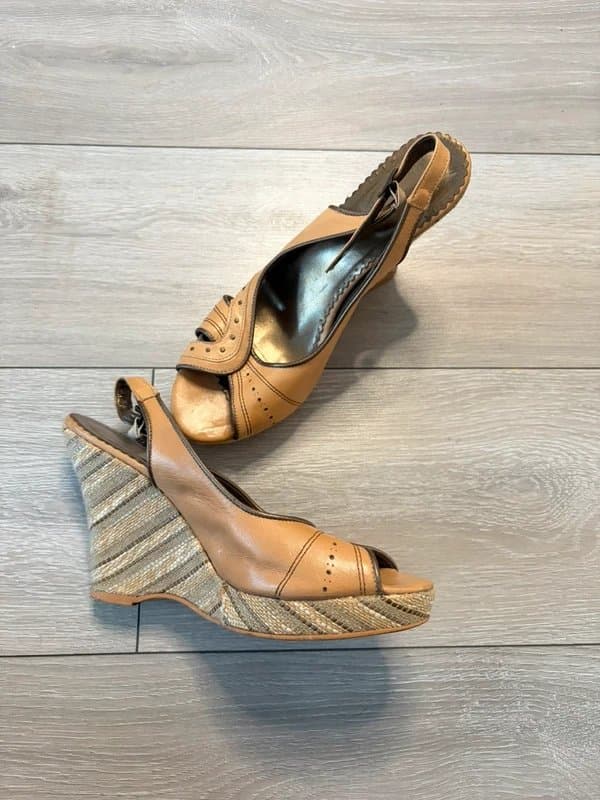 Topshop Vintage Topshop Tan Leather Wedge Sandals EU 40 UK 7 Peep Toe Slingback Espadrille Boho Y2K