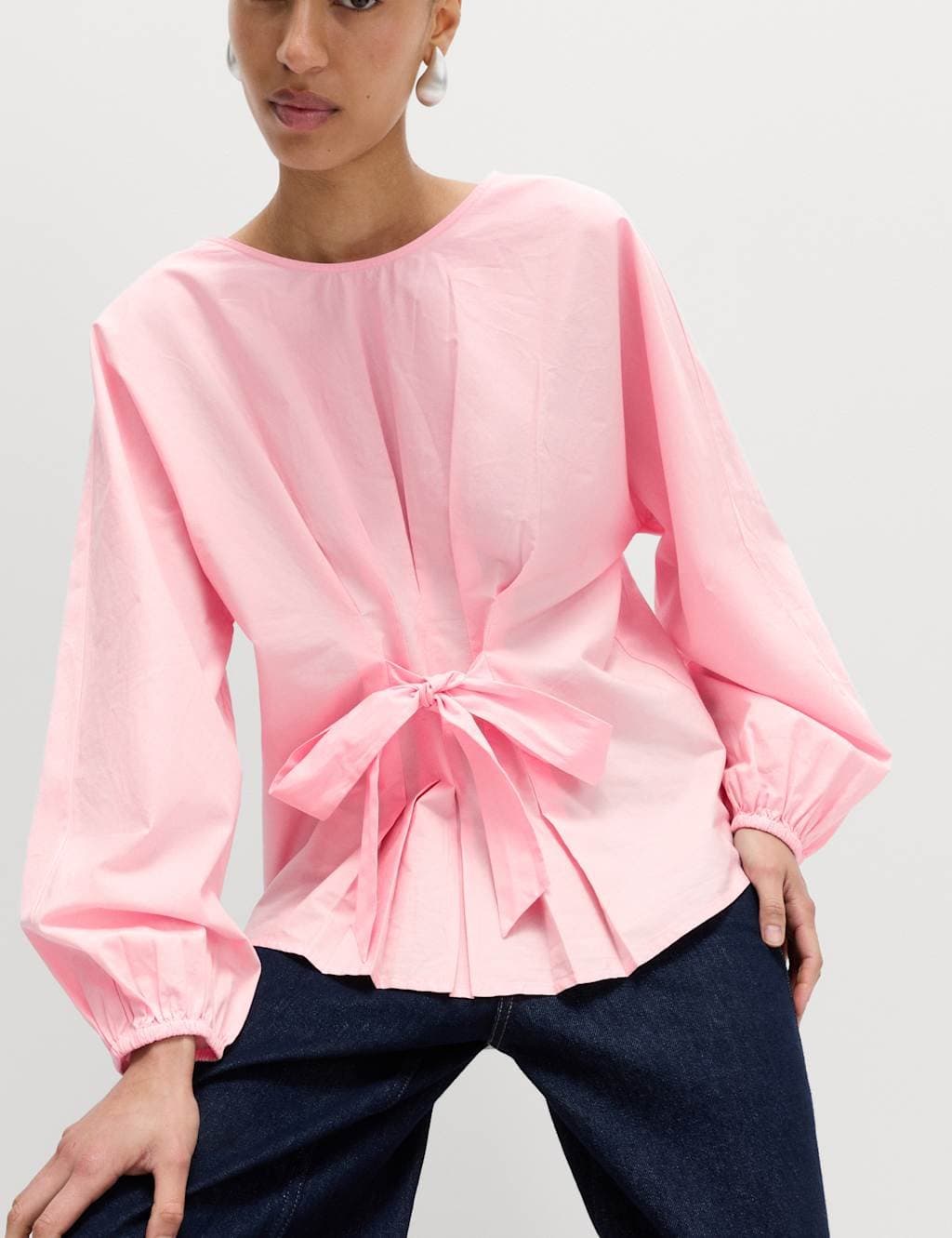 Marks & Spencer M&S Pure Cotton Pleat Tie Detail Blouse Blossom