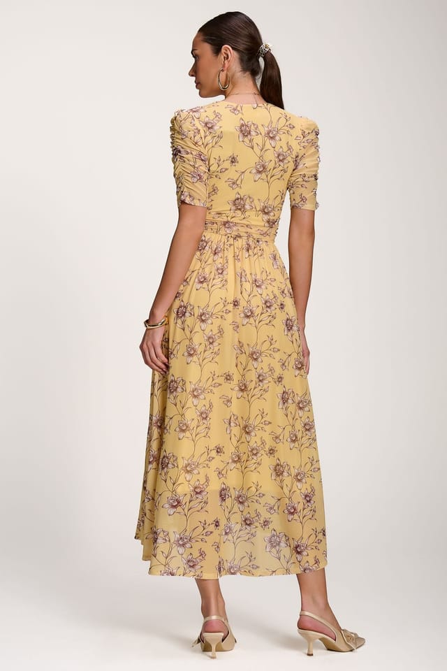Jolie Moi Jolie Moi Women's Floral Print Mesh Maxi Dress in Bright Yellow - 2