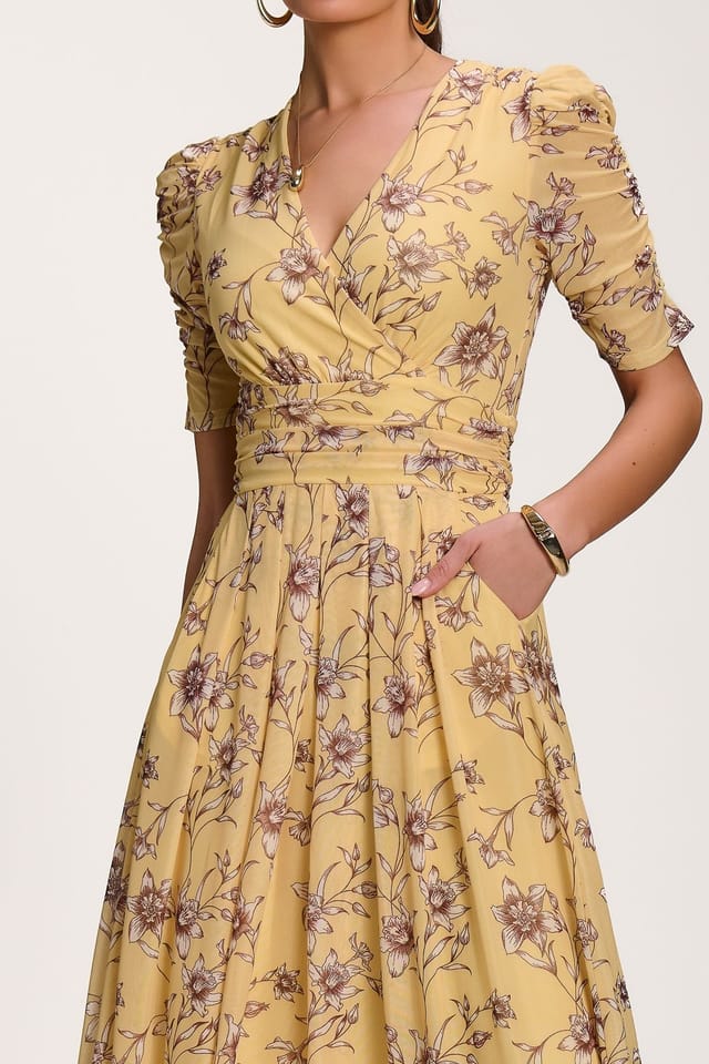 Jolie Moi Jolie Moi Women's Floral Print Mesh Maxi Dress in Bright Yellow - 3