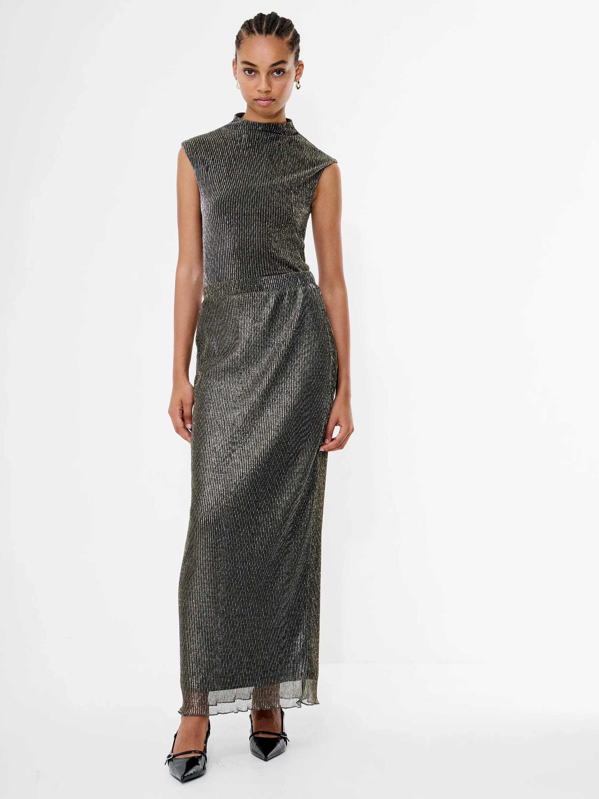 French Connection Black Gold Lurex Plisse Maxi Skirt