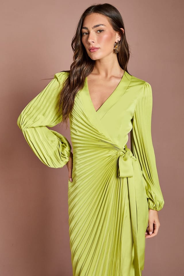 Coast Coast Women's Satin Pleated Wrap Dress in Lime - 2
