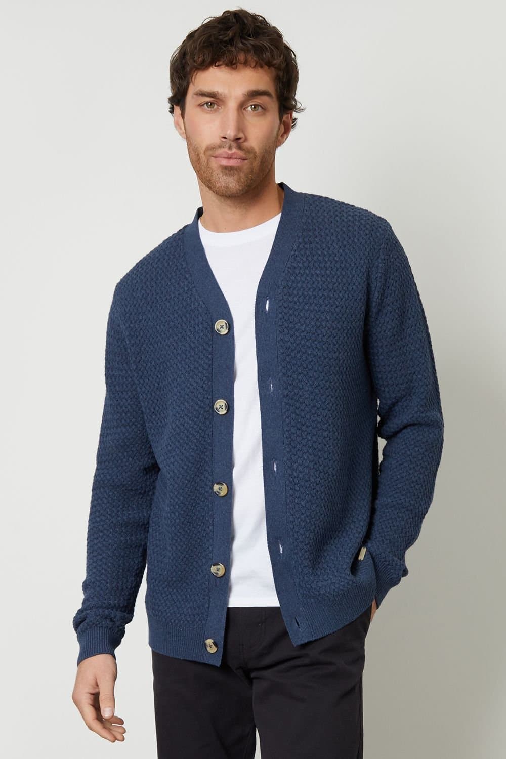 Threadbare Threadbare Men's Basket Stitch V-neck Cardigan in Blue