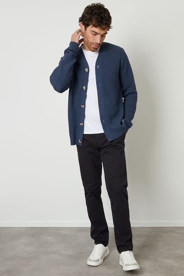 Threadbare Threadbare Men's Basket Stitch V-neck Cardigan in Blue - 3