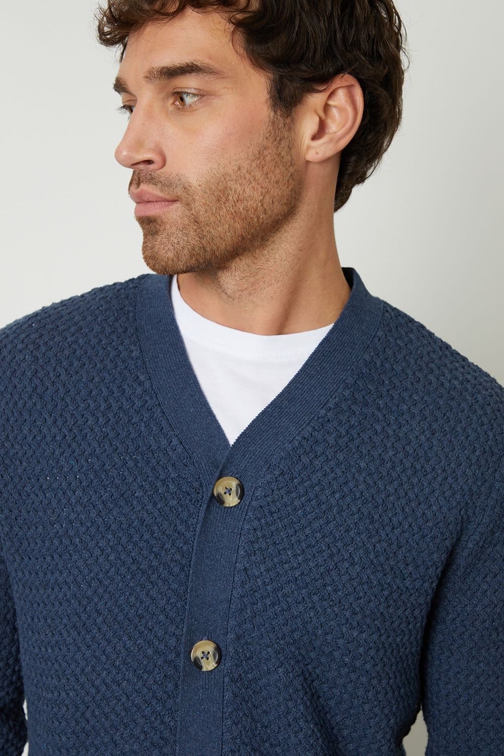 Threadbare Threadbare Men's Basket Stitch V-neck Cardigan in Blue - 4
