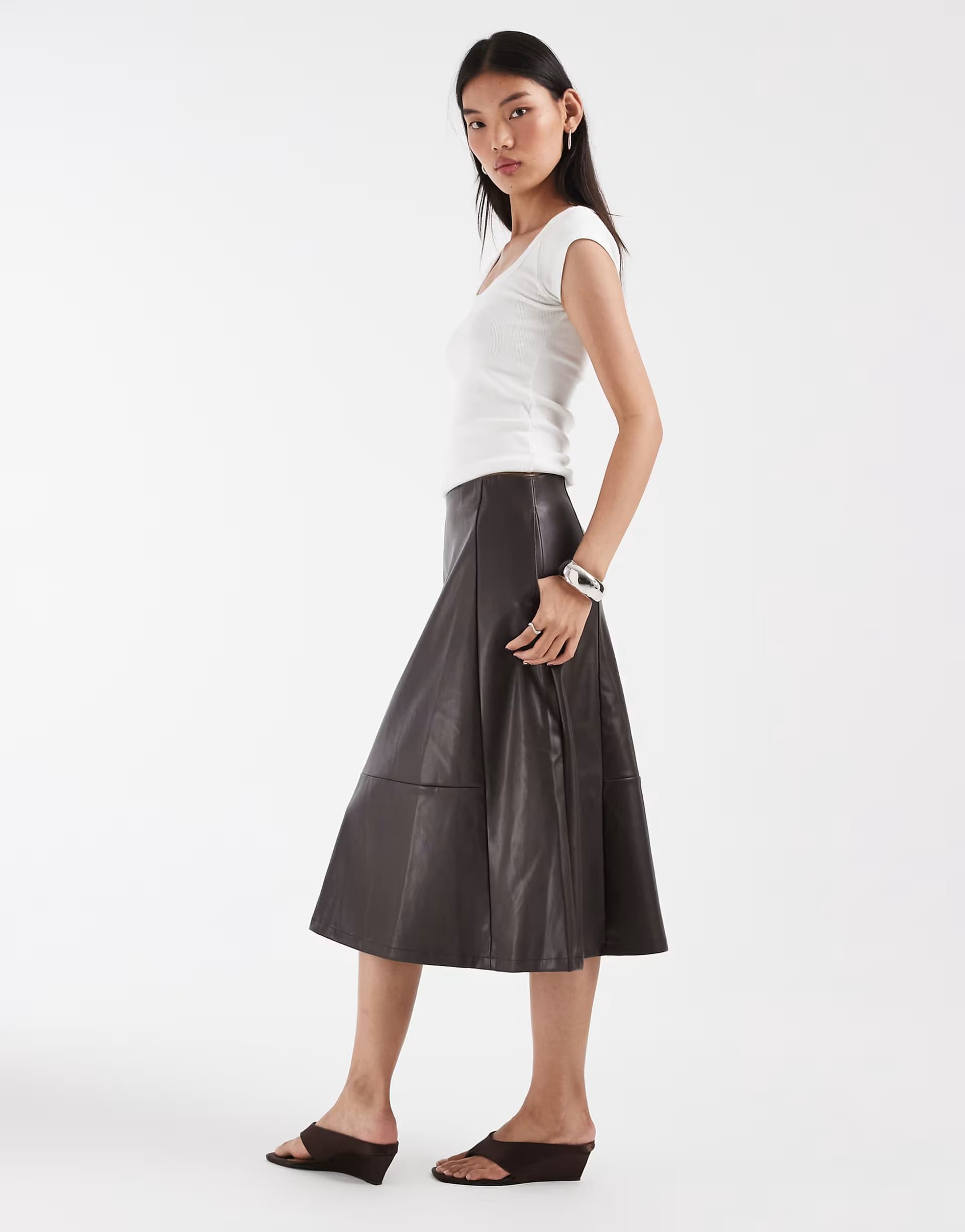 ASOS ONLY faux leather midi skirt in brown