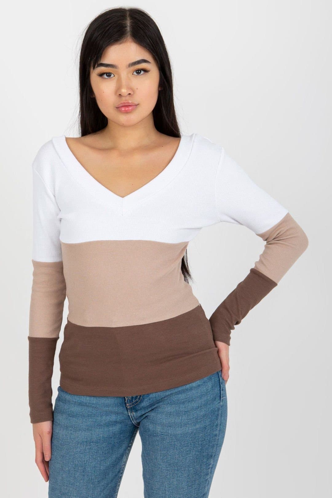Love Lace Love Lace Women's Ribbed Long Sleeve Blouse with Heart Neckline in Brown