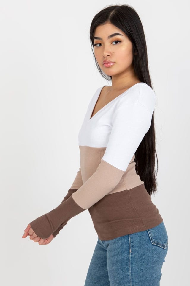 Love Lace Love Lace Women's Ribbed Long Sleeve Blouse with Heart Neckline in Brown - 2
