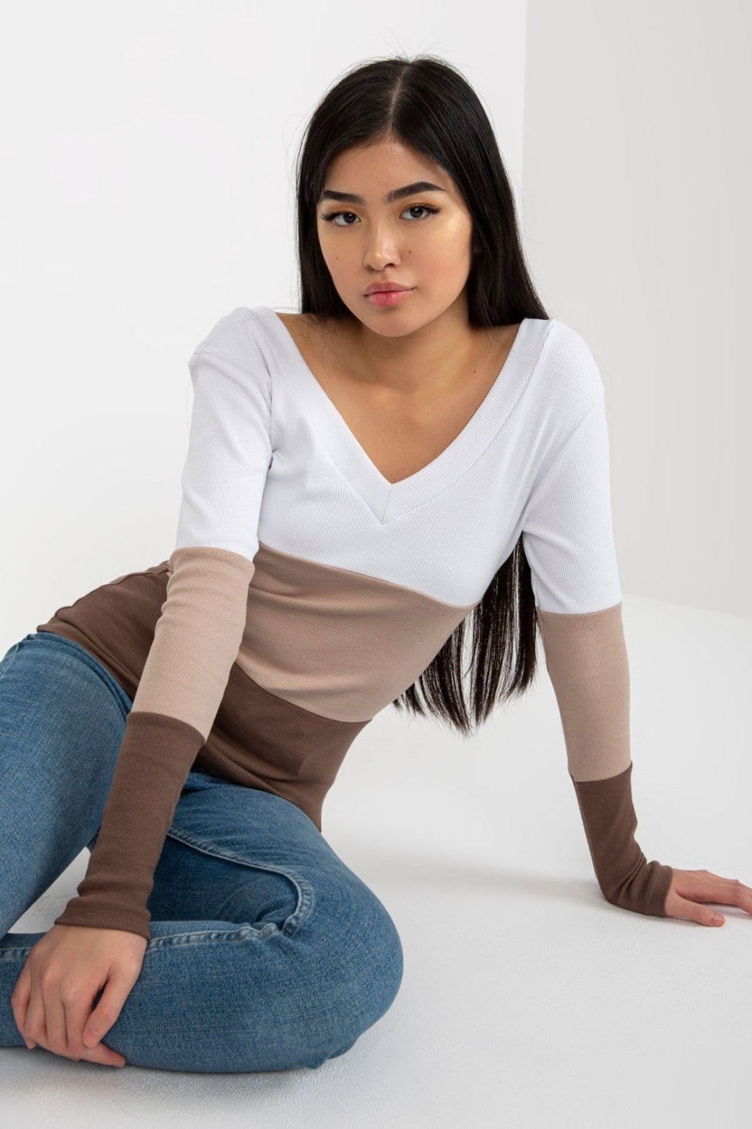 Love Lace Love Lace Women's Ribbed Long Sleeve Blouse with Heart Neckline in Brown - 4