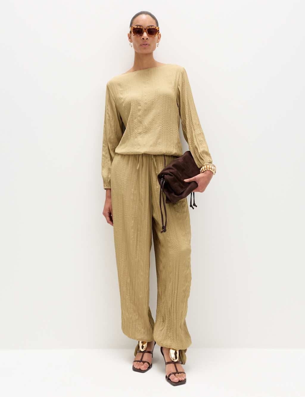 Marks & Spencer M&S Tie Hem Crinkle Drawstring Balloon Trousers Khaki