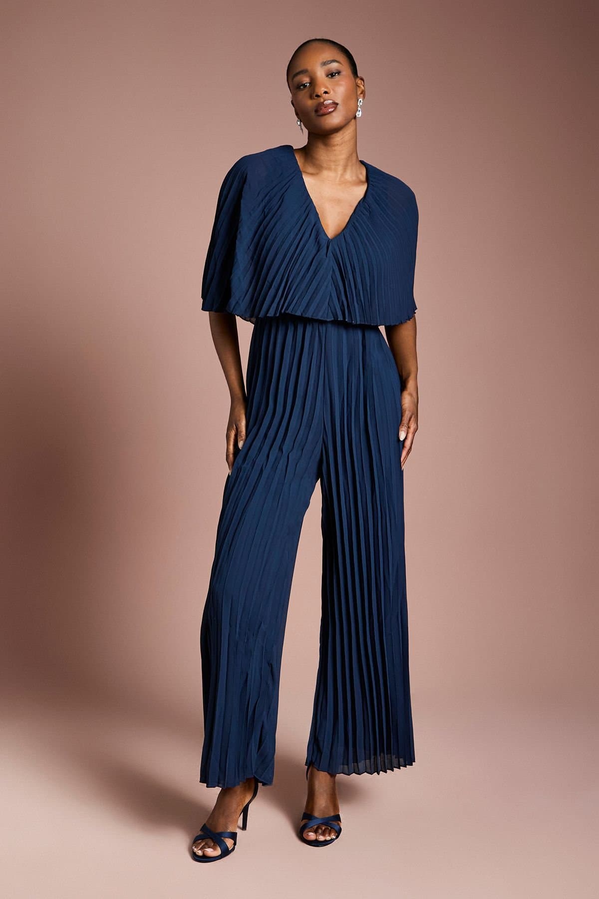 Coast Coast Women's Pleated Wrap Front Georgette Jumpsuit in Navy