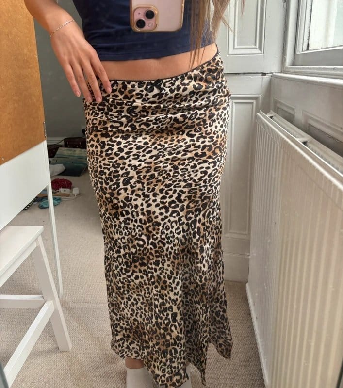 Bershka Leopard Print Silky Maxi Skirt with High Slit