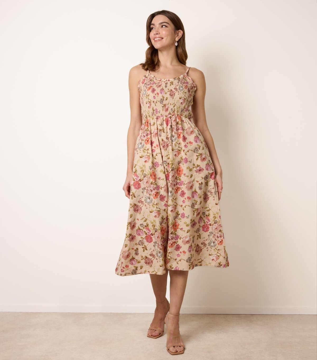 Blue Vanilla Women's Yellow Cotton Floral Shirred Midi Dress Blue Vanilla New Look