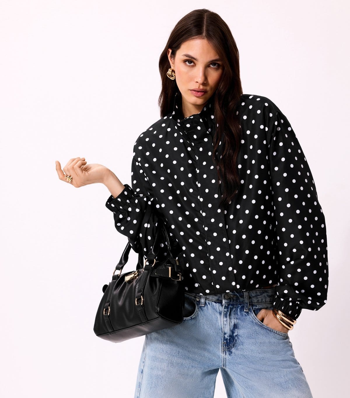Women's Black Polka Dot Bubble Hem Zip Windbreaker Jacket New Look