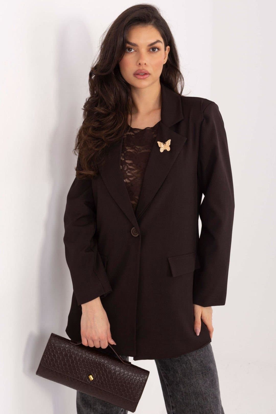 Love Lace Love Lace Women's Elegant Shoulder Pad Blazer with Lapel Brooch in Brown