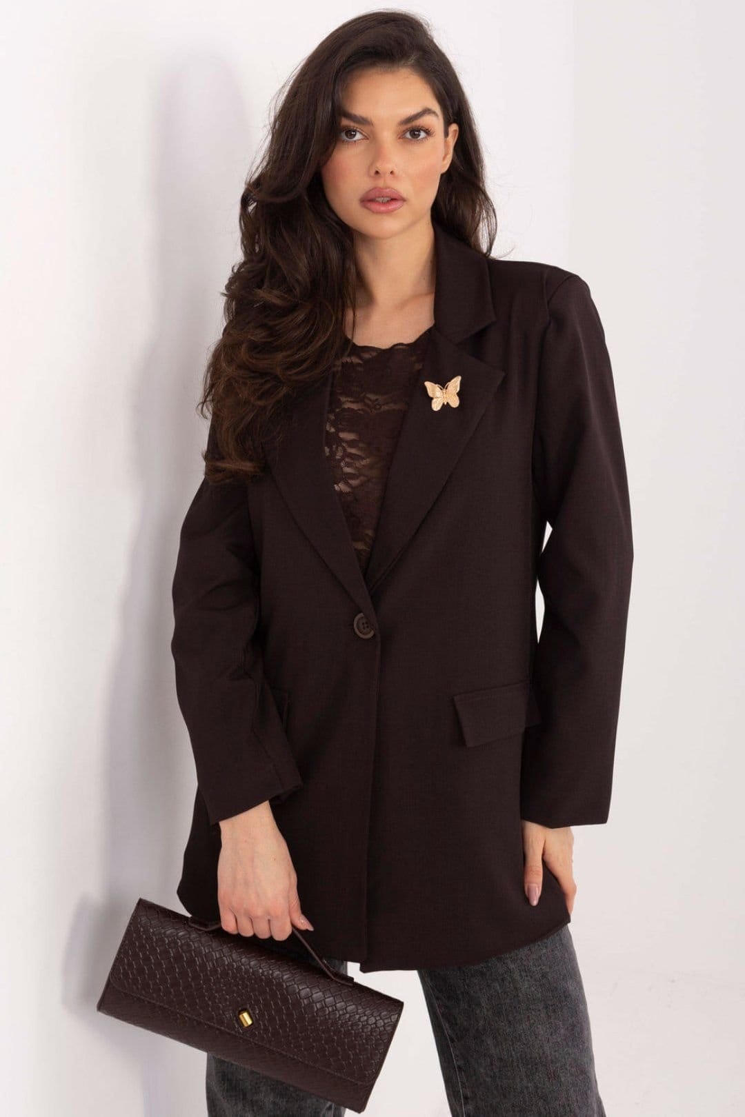 Love Lace Brown Shoulder Pad Blazer with Lapel Brooch