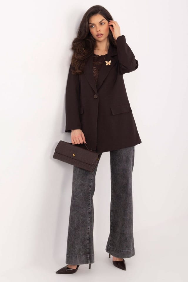 Love Lace Love Lace Women's Elegant Shoulder Pad Blazer with Lapel Brooch in Brown - 2