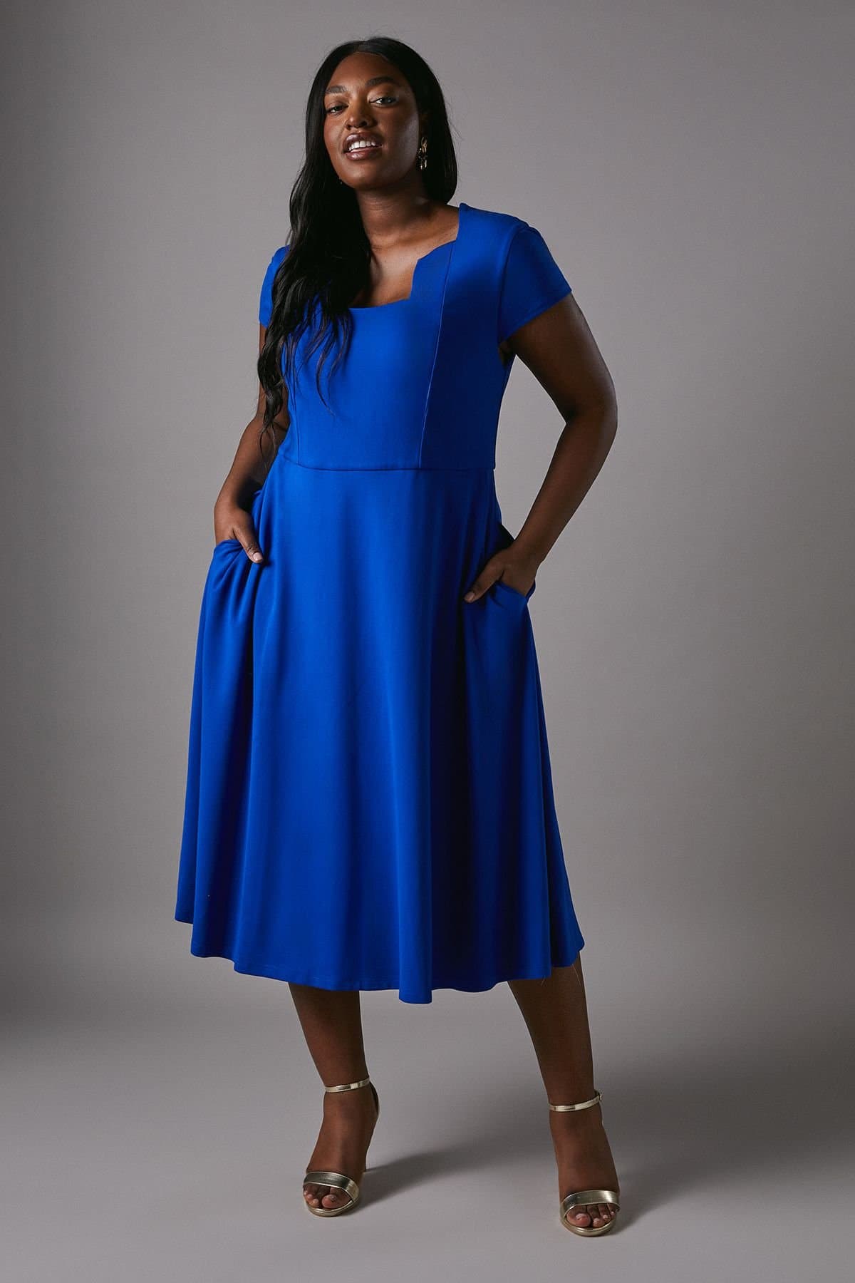 Coast Coast Women's Plus Ponte Midi Dress With Square Neckline in Cobalt