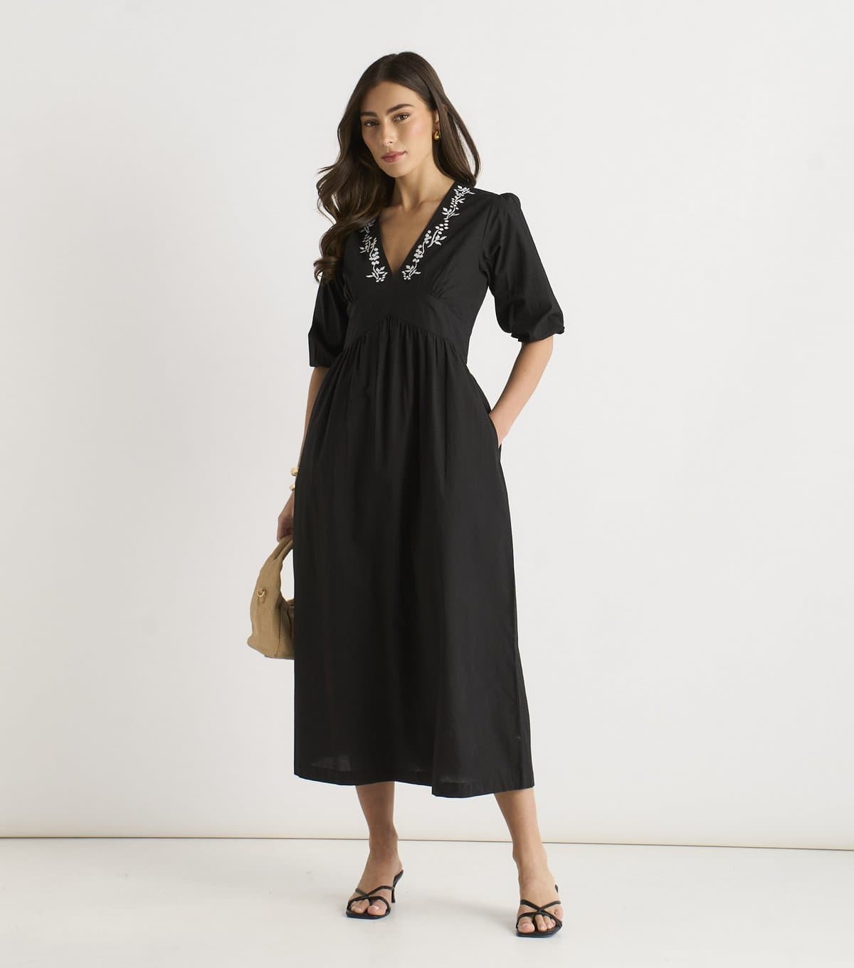 Gini London Women's Black Puff Sleeve Floral Embroidered Midi Dress Gini London New Look