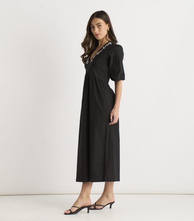 Gini London Women's Black Puff Sleeve Floral Embroidered Midi Dress Gini London New Look - 3
