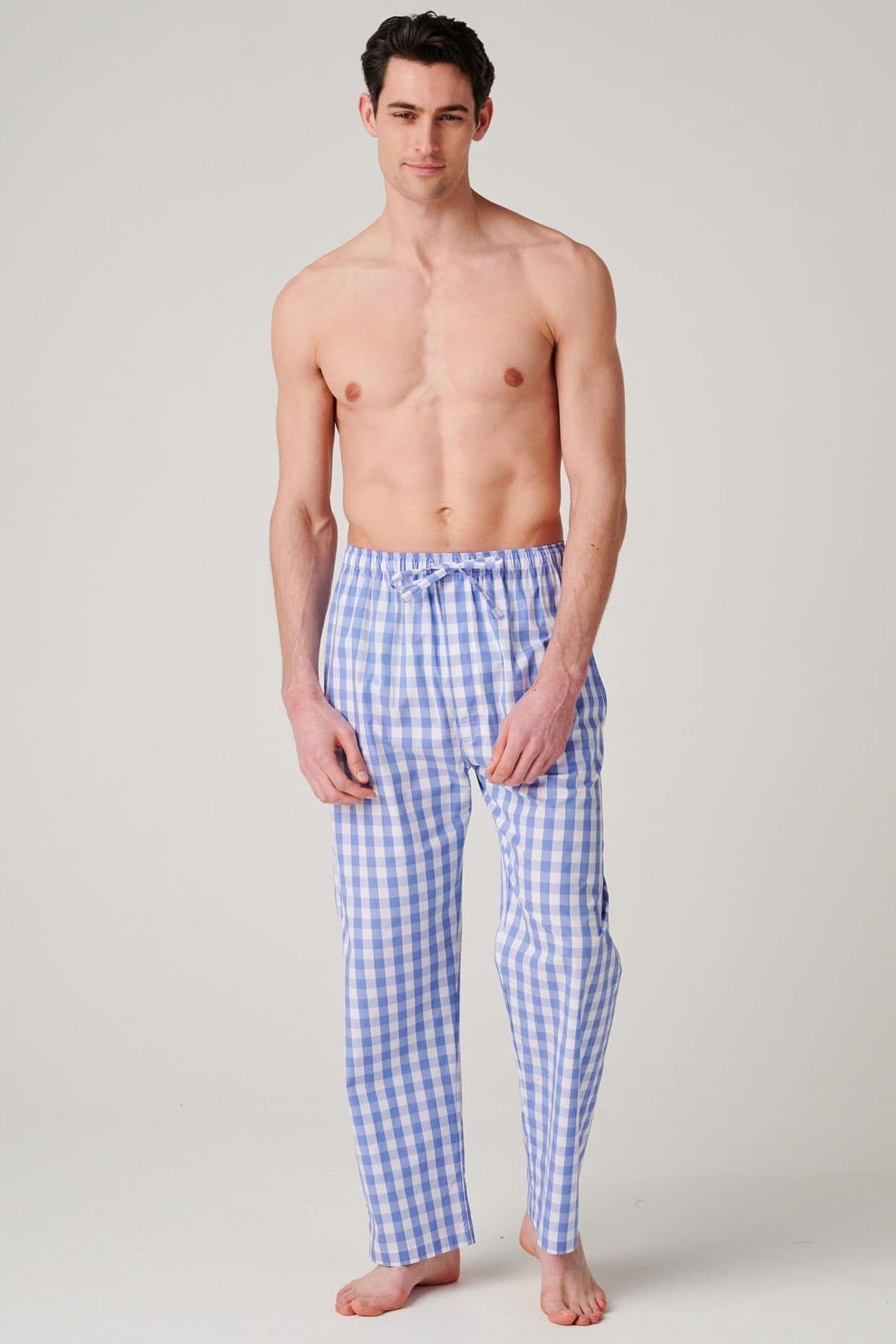 British Boxers British Boxers Men's "Schoolhouse Blue Gingham" Crisp Cotton Pyjama Trousers in Mid Blue