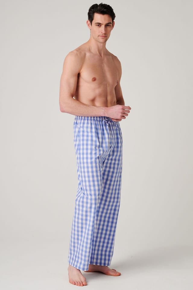 British Boxers British Boxers Men's "Schoolhouse Blue Gingham" Crisp Cotton Pyjama Trousers in Mid Blue - 2