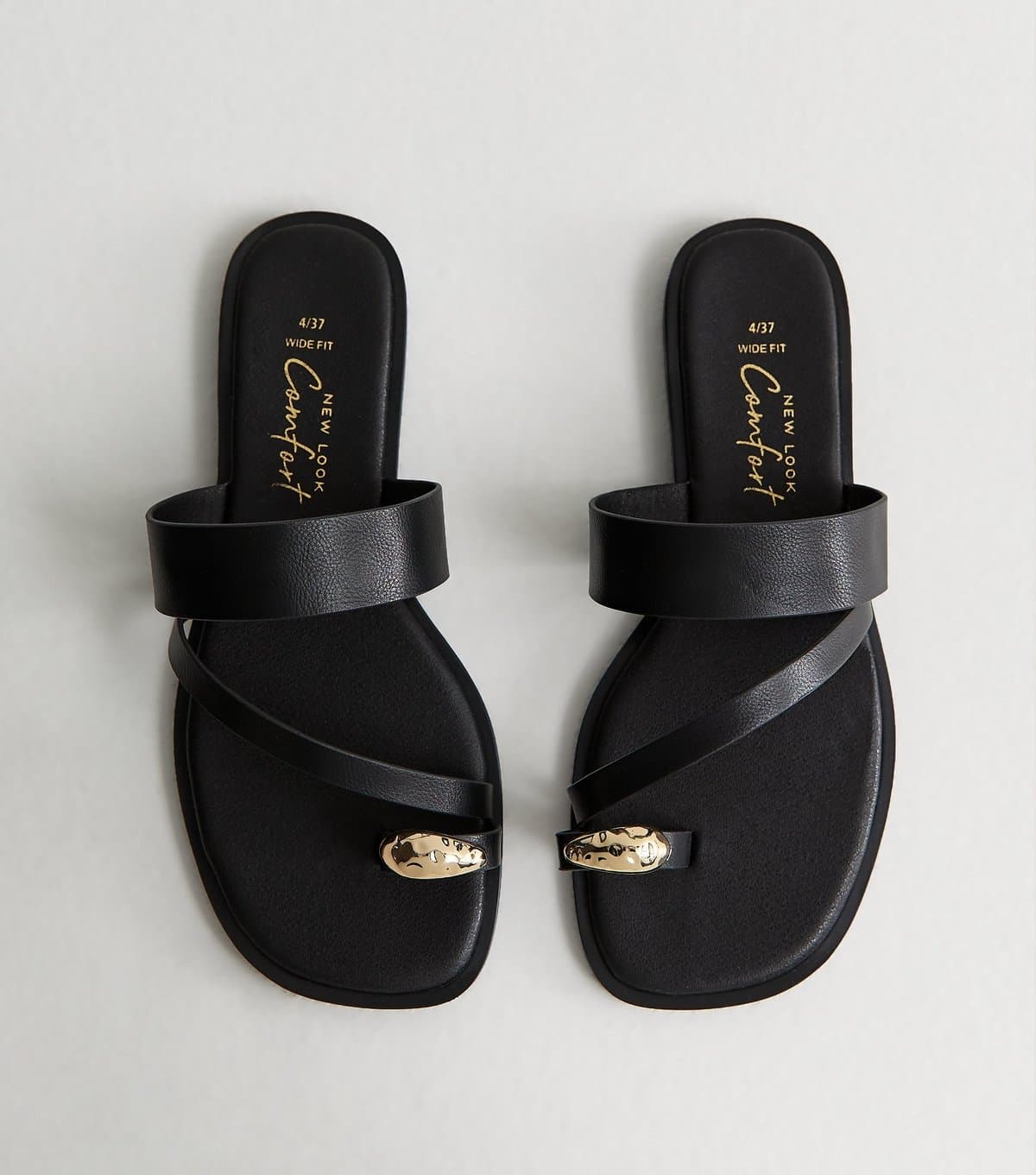 New Look Women's Wide Fit Black Faux Leather Metal Toe Ring Mules Vegan New Look