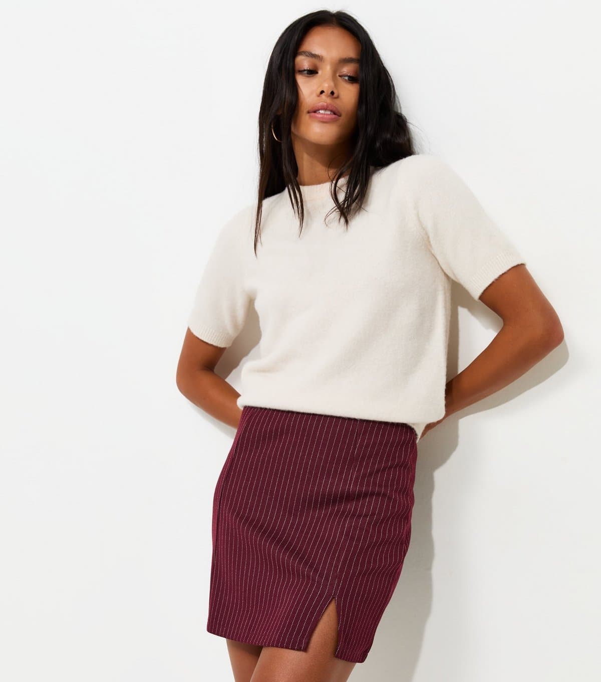 New Look Women's Red Pinstripe Ponte Split Mini Skirt New Look