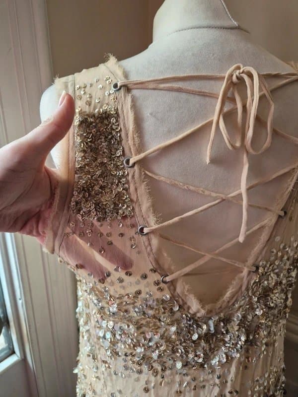 AllSaints Vintage All Saints 6 restrain top sheer lace up beaded embellished corset party glam beige cream