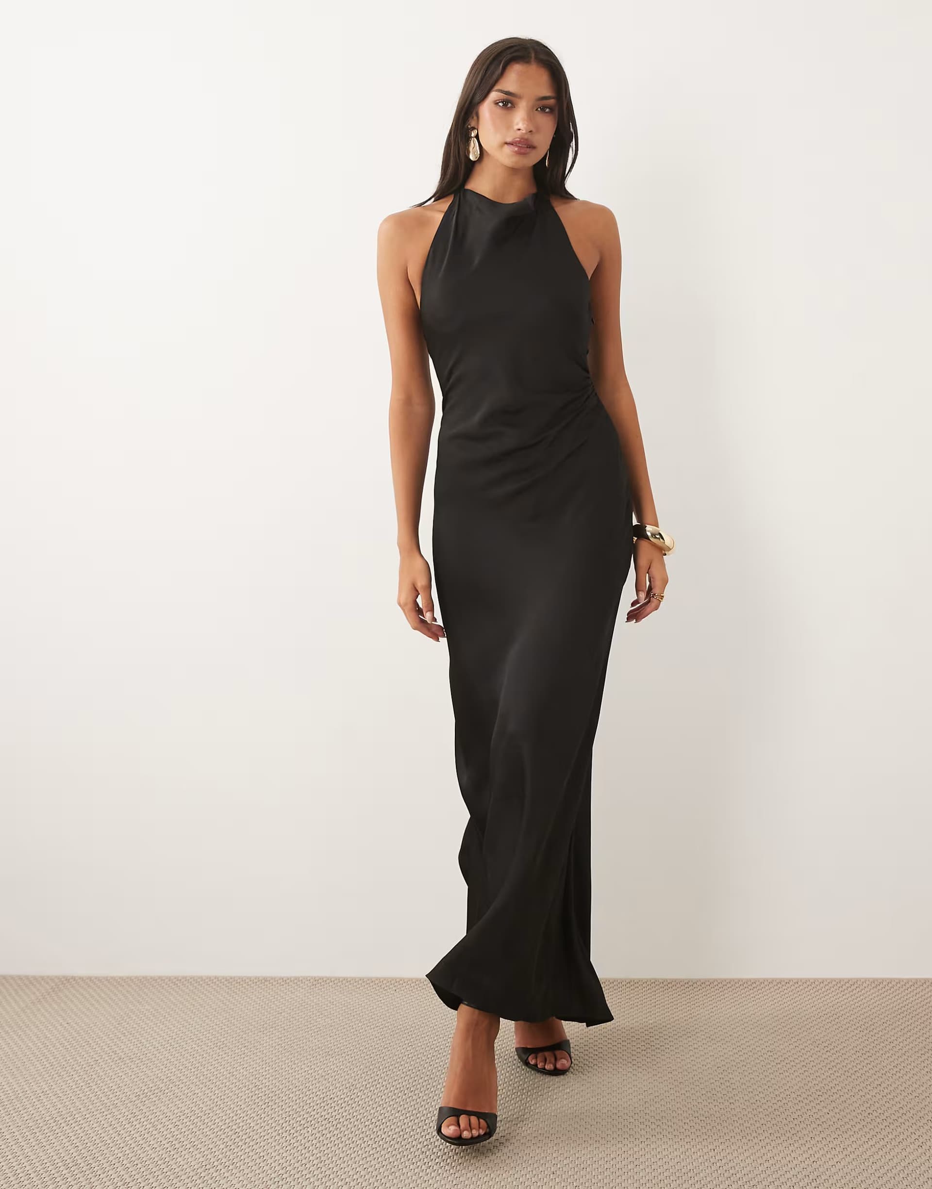 ASOS Forever New satin halter neck open back bias maxi dress in black