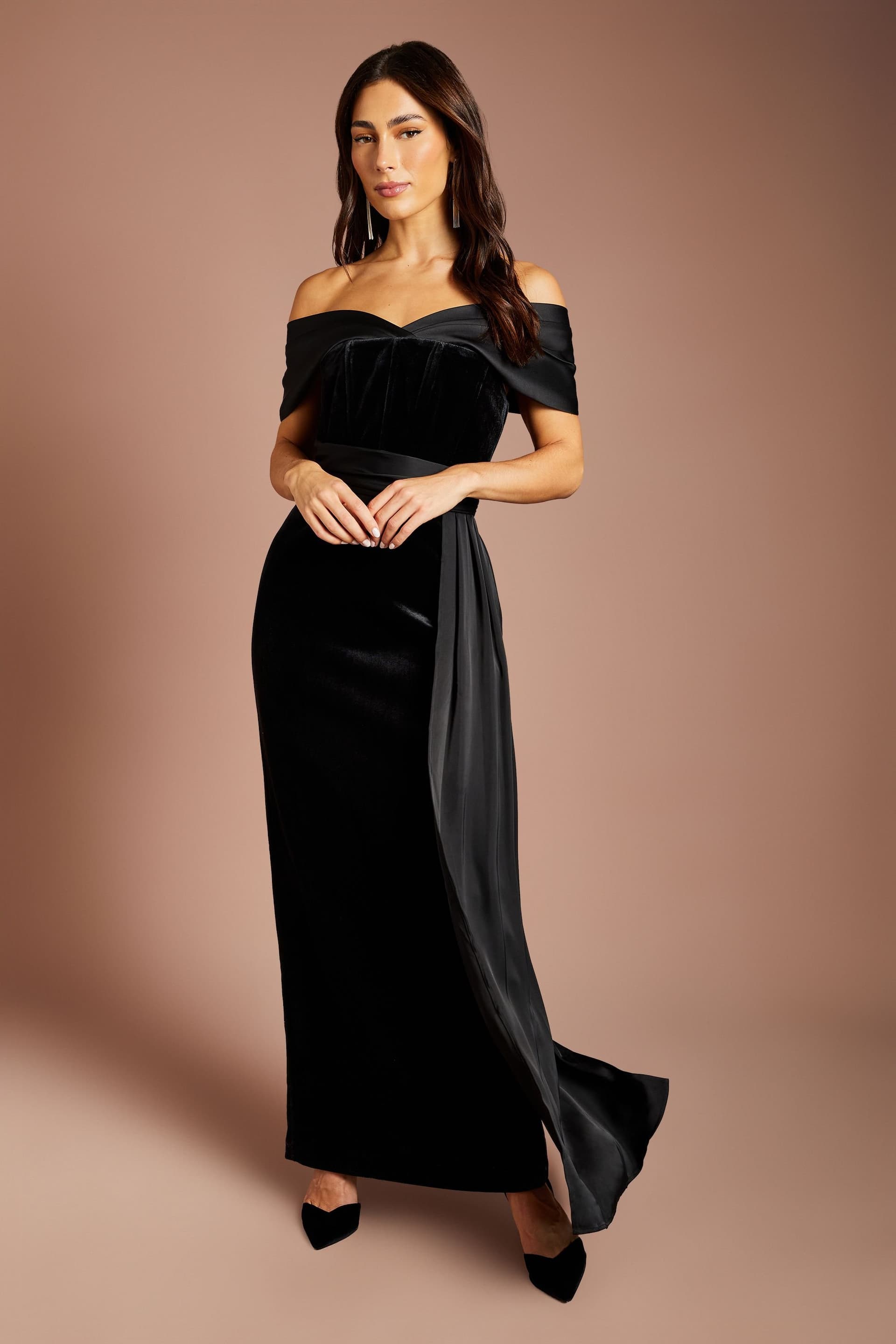 Coast Coast Women's Velvet Maxi Dress With Satin Pleat Drape in Black