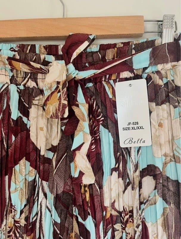 M-Made in Italy Made in Italy Viscose Blue Brown Floral Ribbed Pleated Floaty Wide Leg Trousers One Size 8-20