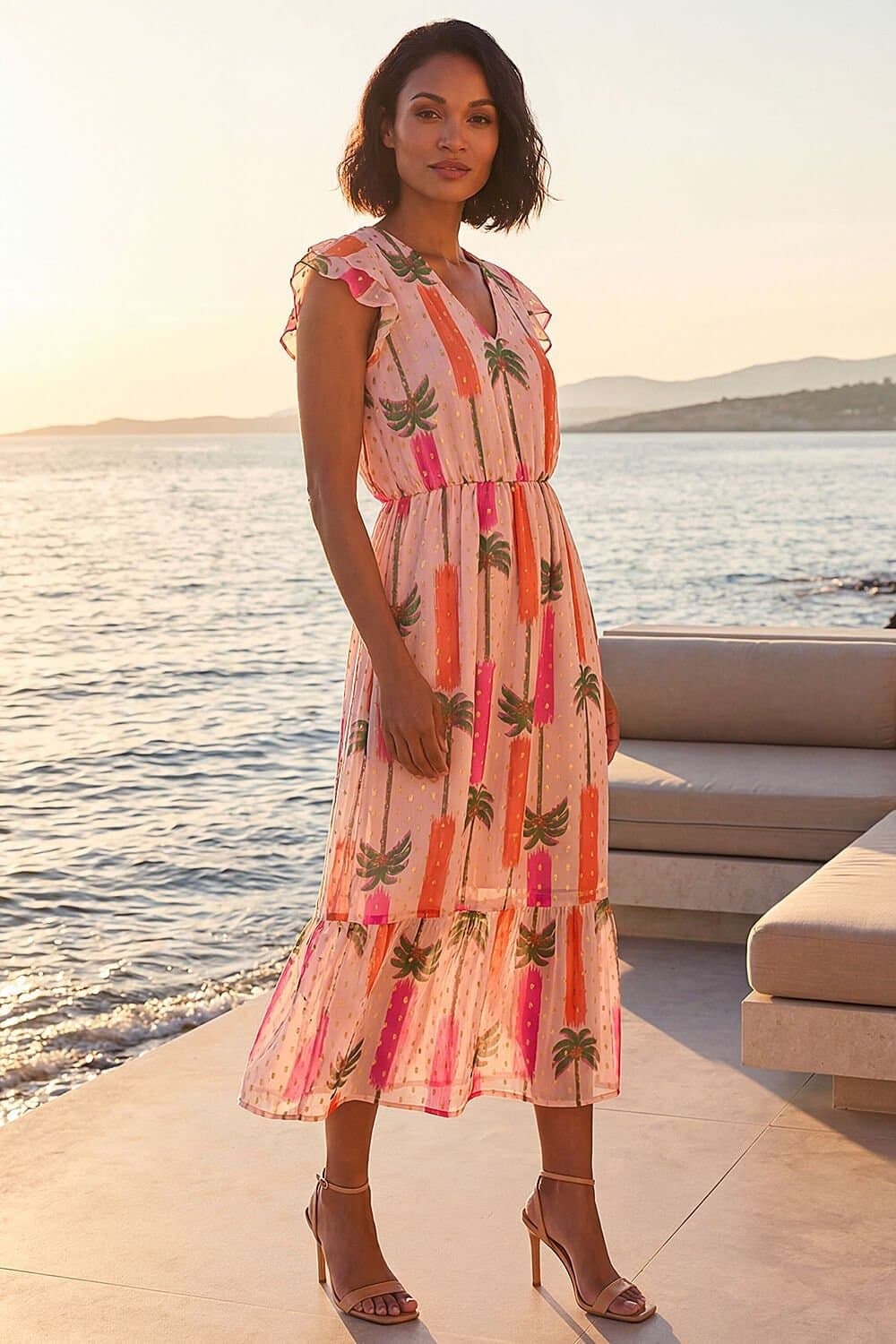 Dusk Dusk Women's Palm Shimmer Frill Maxi Dress in Light Pink