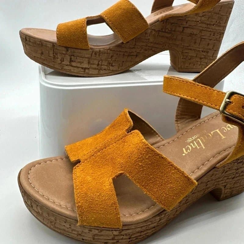 George George Love Leather Sandals Size 6 Yellow Cork Heels Platform Peep Toe