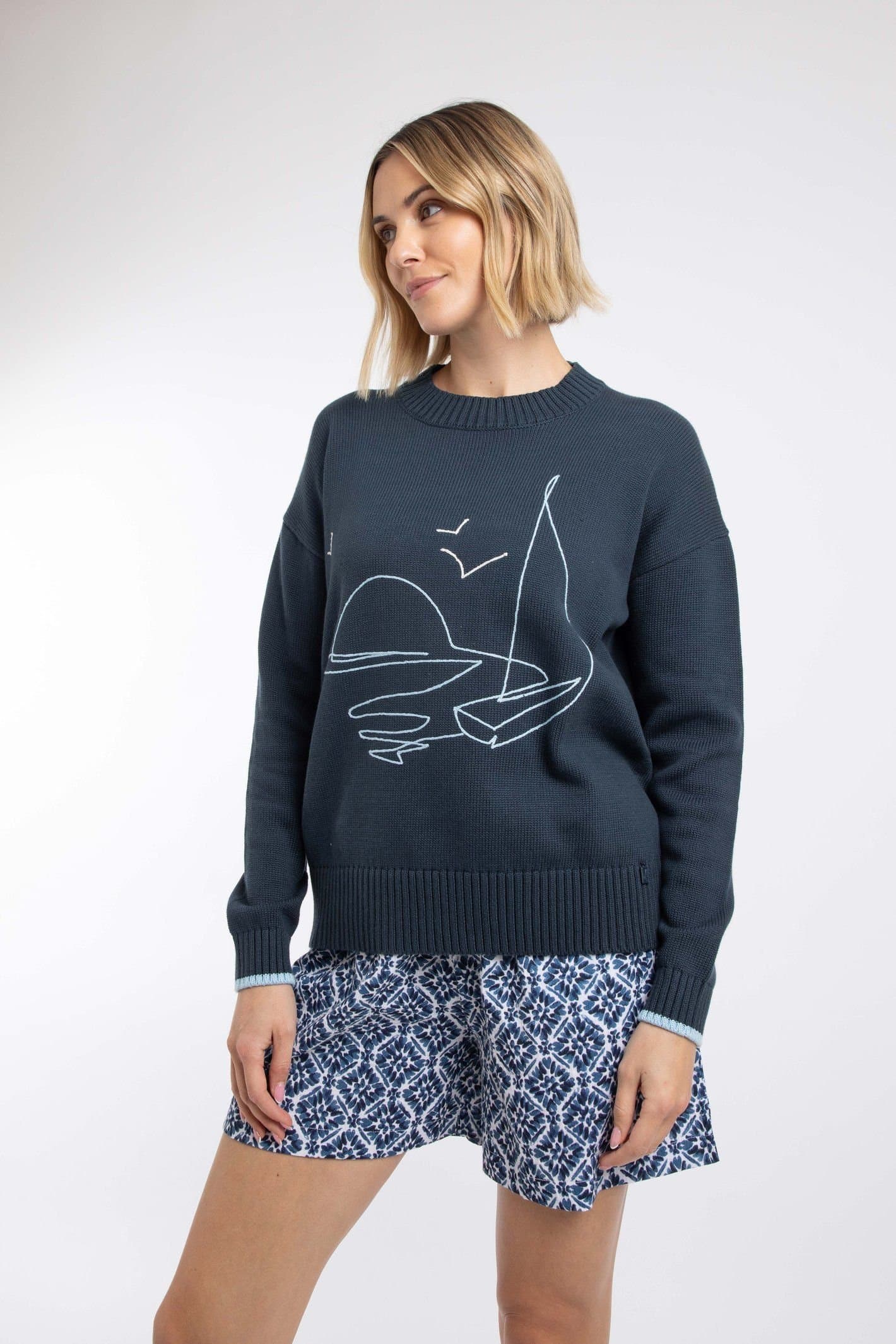 Weird Fish Weird Fish Women's Lauro Embroidered Crew Knit Jumper in Navy