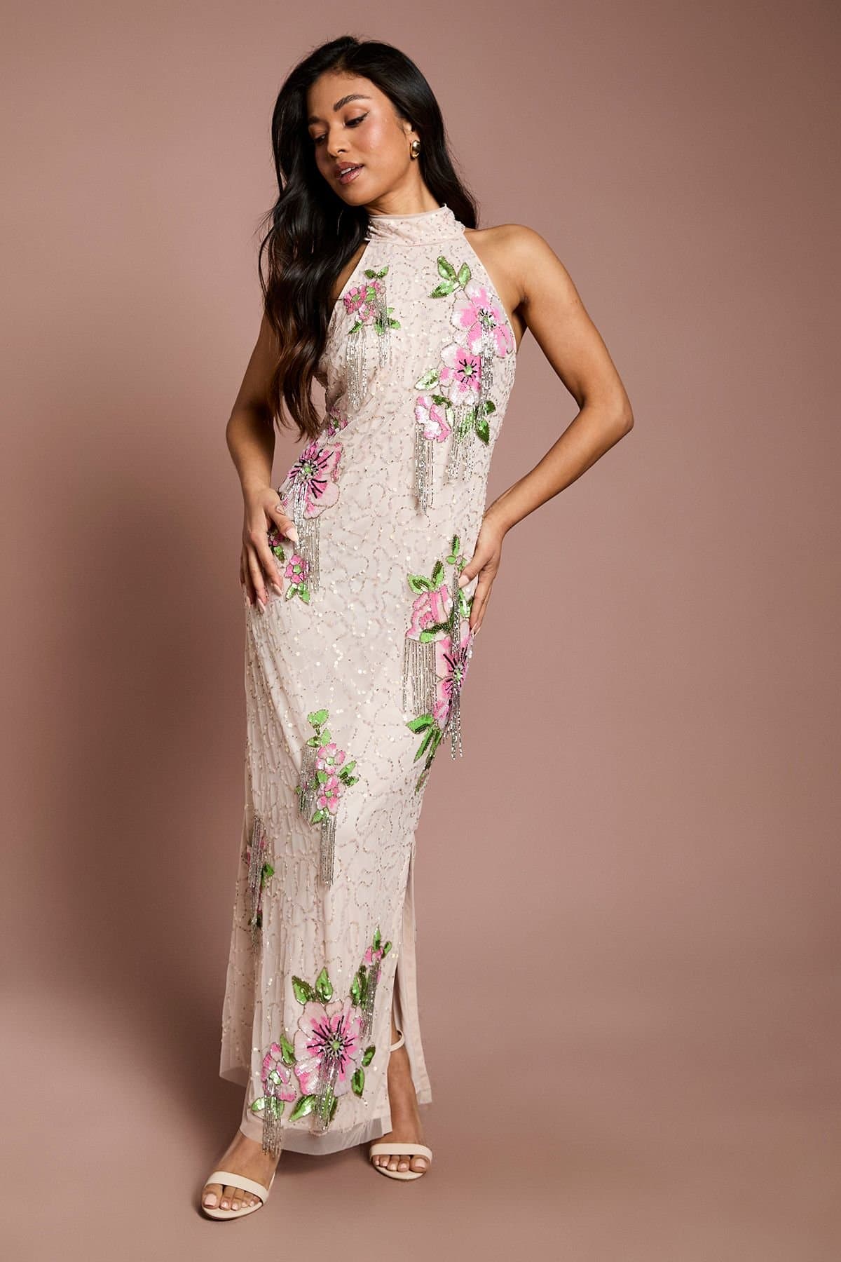 Coast Coast Women's Petite High Neck Floral Sequin Maxi Dress in Champagne