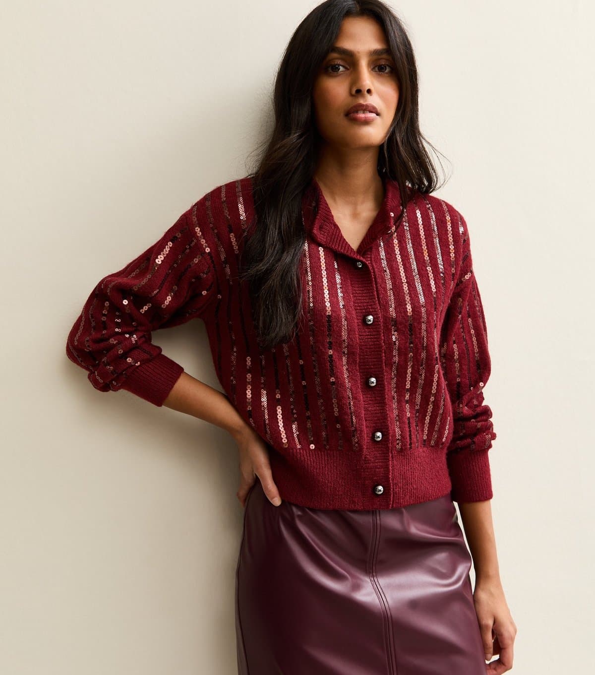 New Look Women's Burgundy Sequin Embellished Cardigan New Look