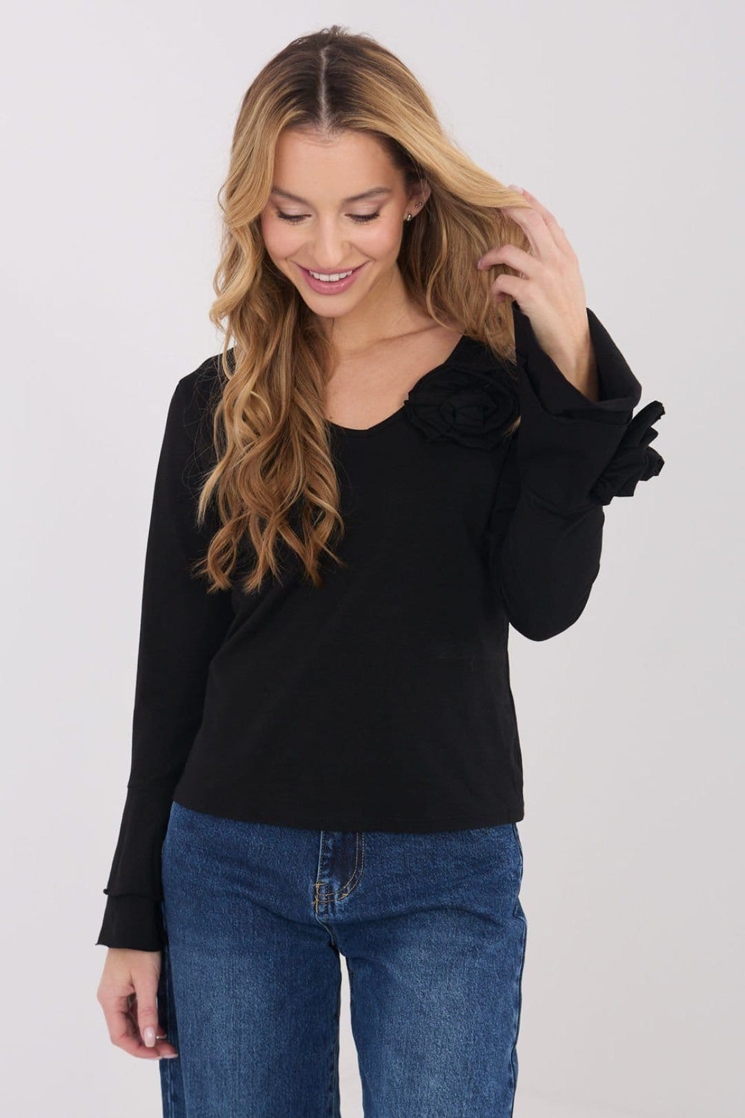 Love Lace Black Cotton V-Neck Bell Sleeve Blouse