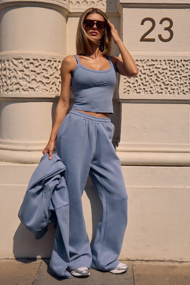 Kaiia Kaiia Embossed Wide Leg Joggers Vintage Blue - 2