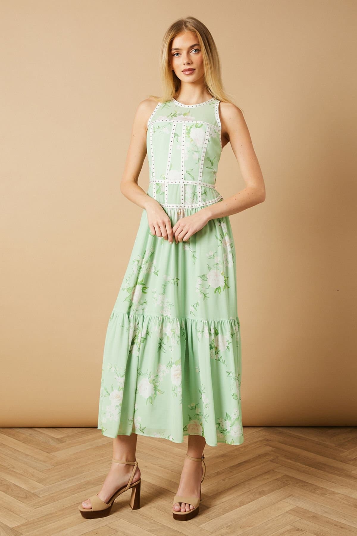 Oasis Oasis Women's Printed Stud Embellished Trim Maxi Dress in Green