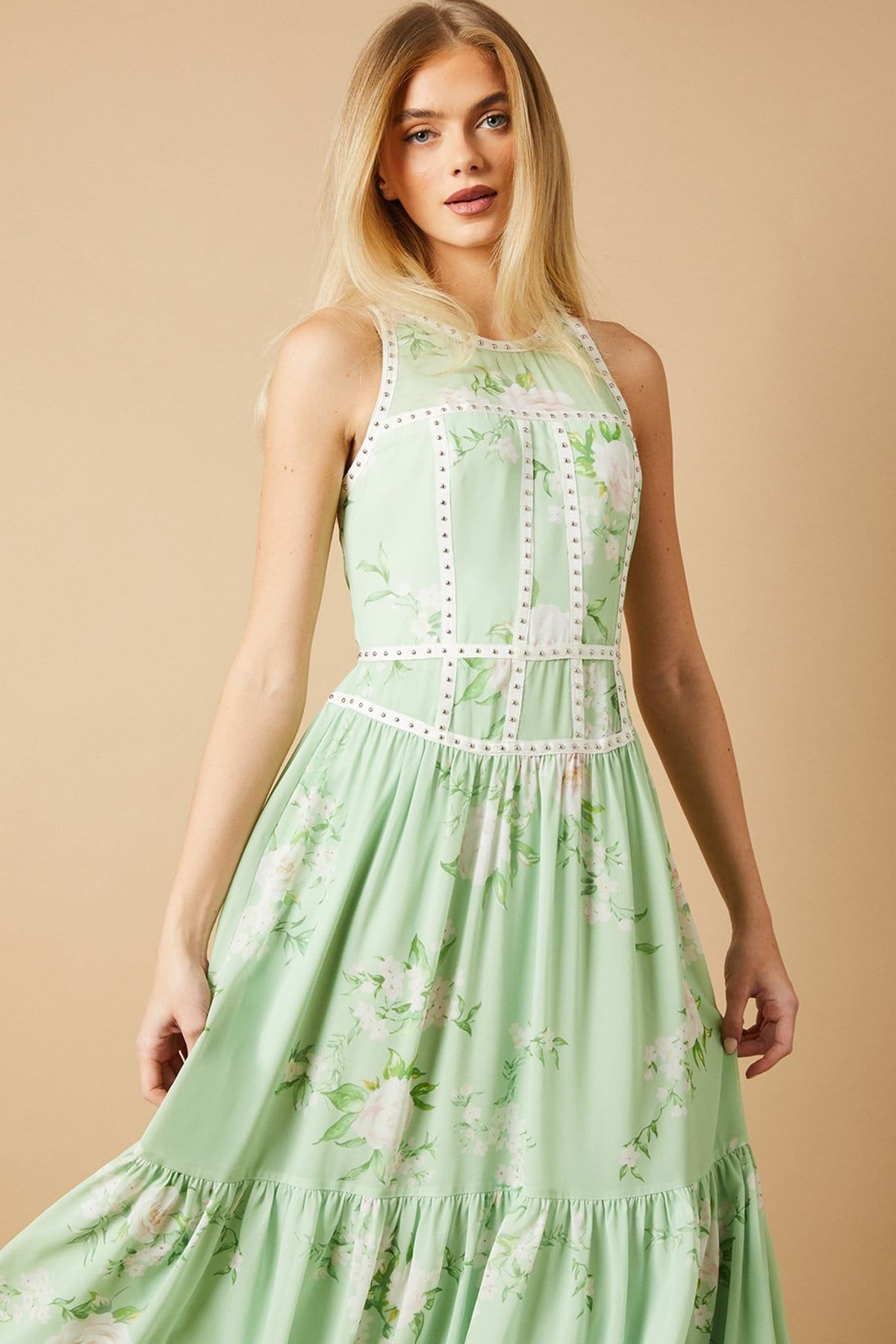 Oasis Oasis Women's Printed Stud Embellished Trim Maxi Dress in Green - 4