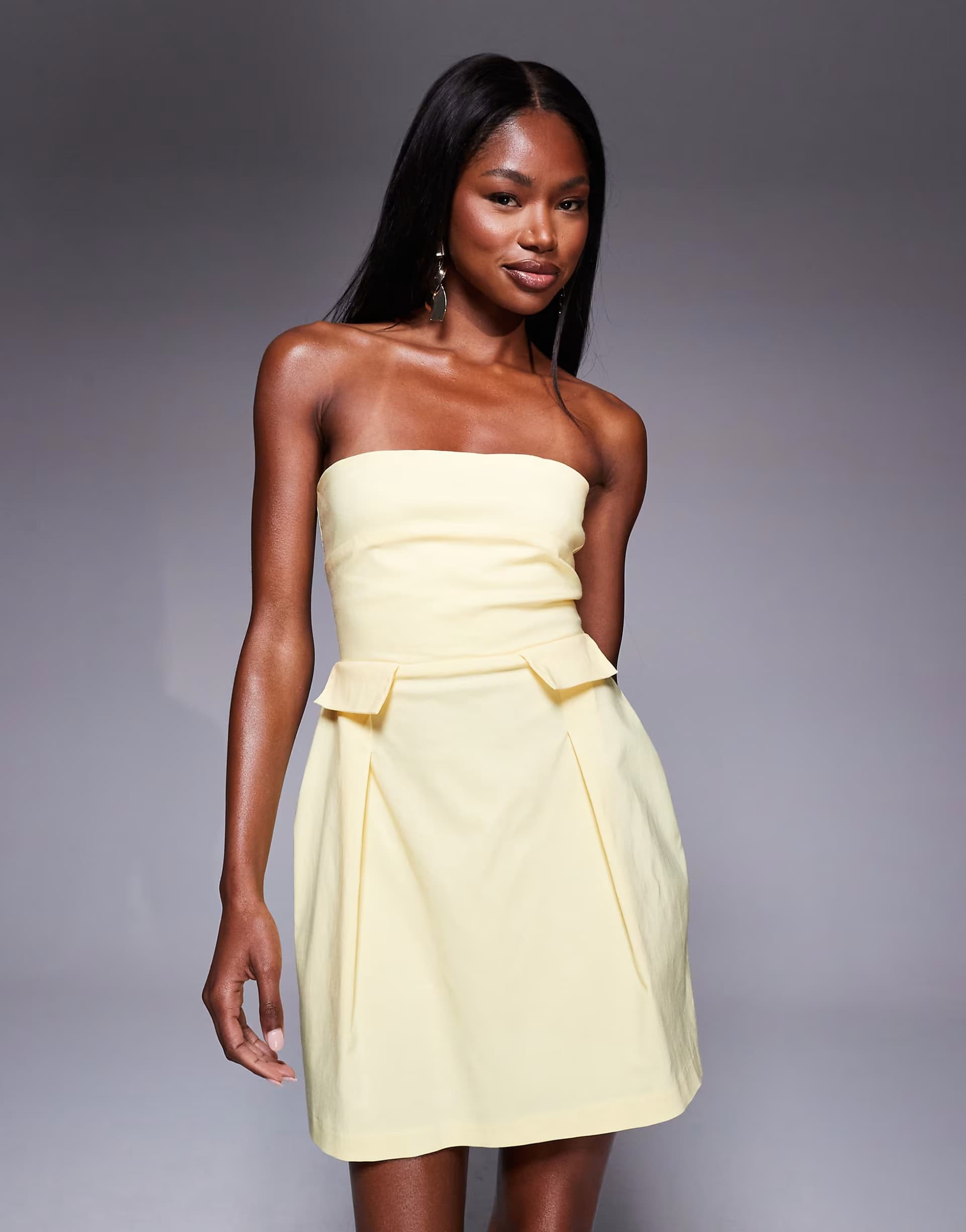 ASOS Vesper bengaline bandeau pleat front pocket detail mini dress in yellow