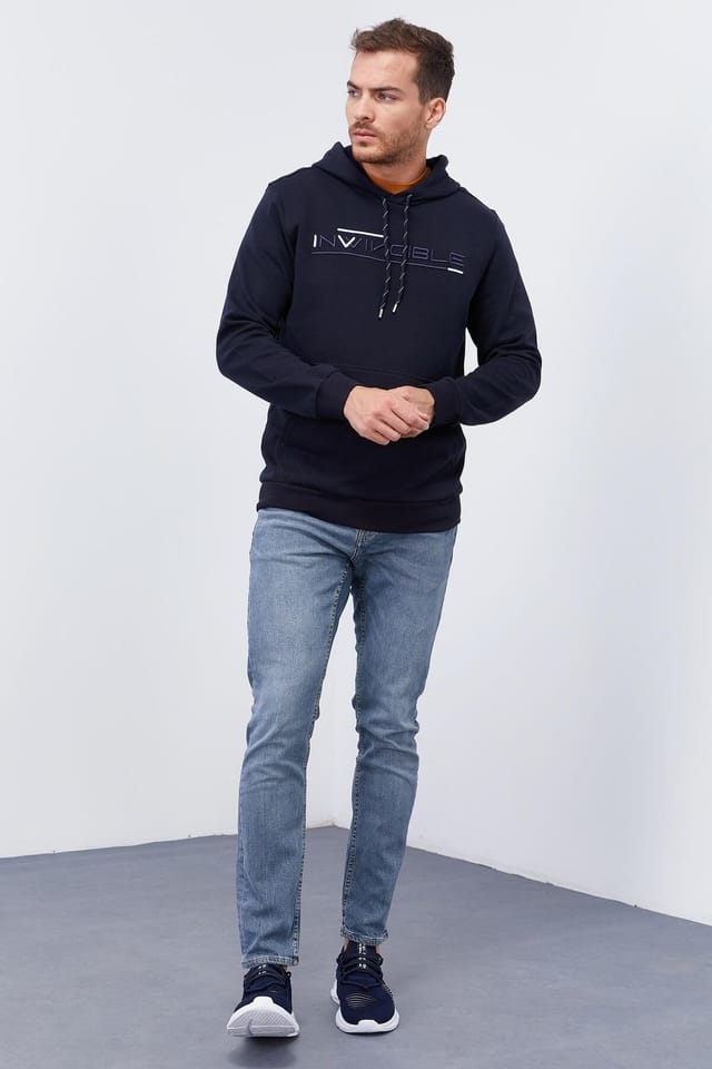Tommy Life Tommy Life Men's Printed Hooded Sweatshirt With Pocket in Navy - 2
