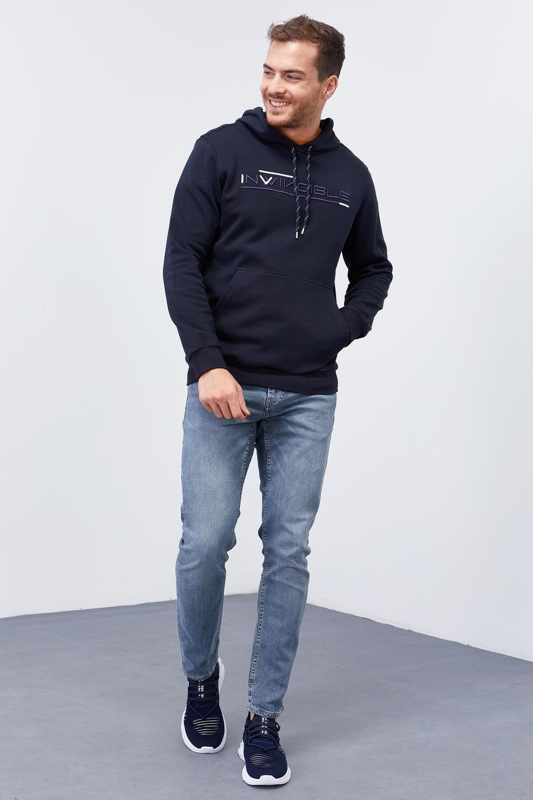 Tommy Life Tommy Life Men's Printed Hooded Sweatshirt With Pocket in Navy - 4