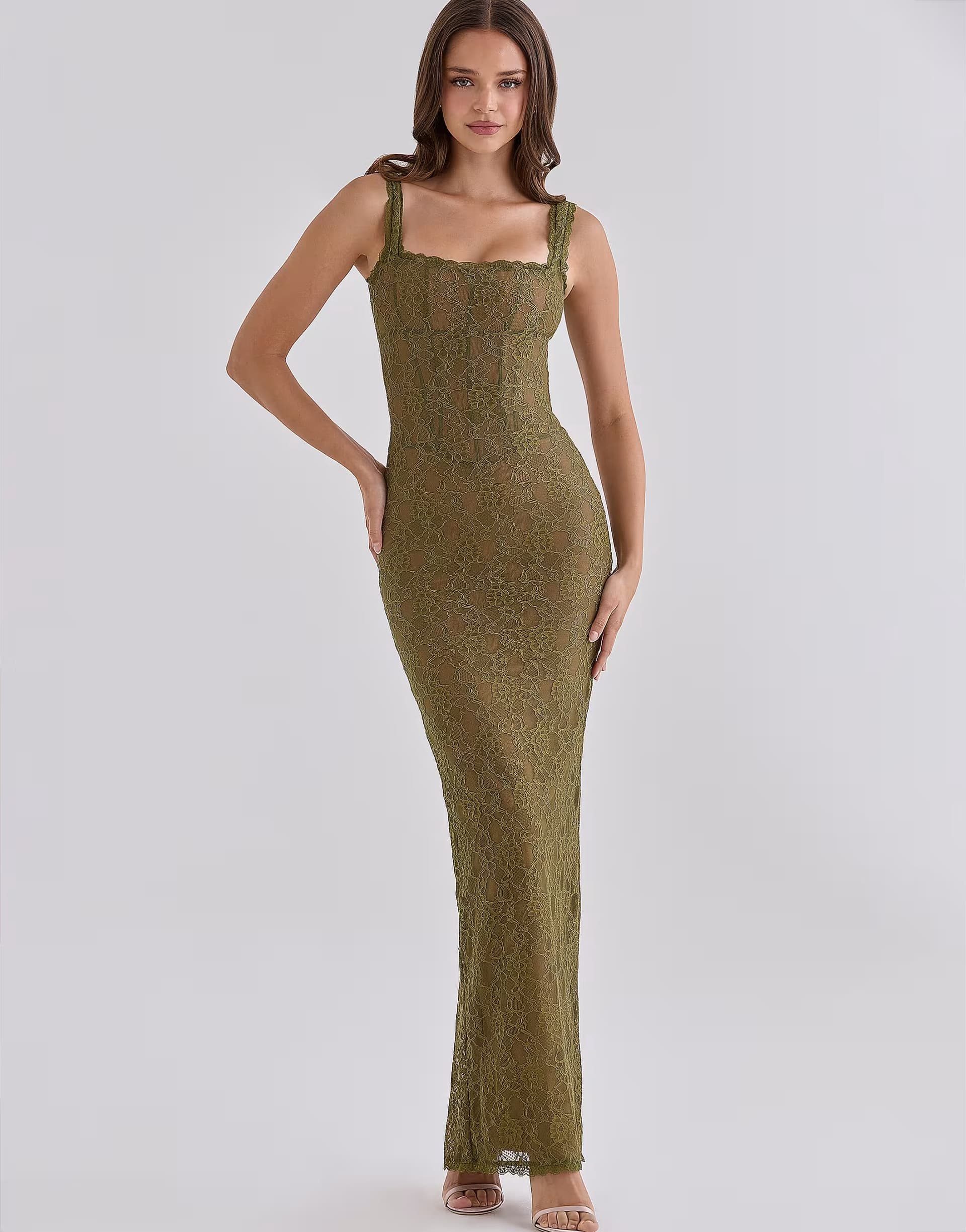ASOS House of CB Aureliana olive lace scallop trim maxi dress in olive