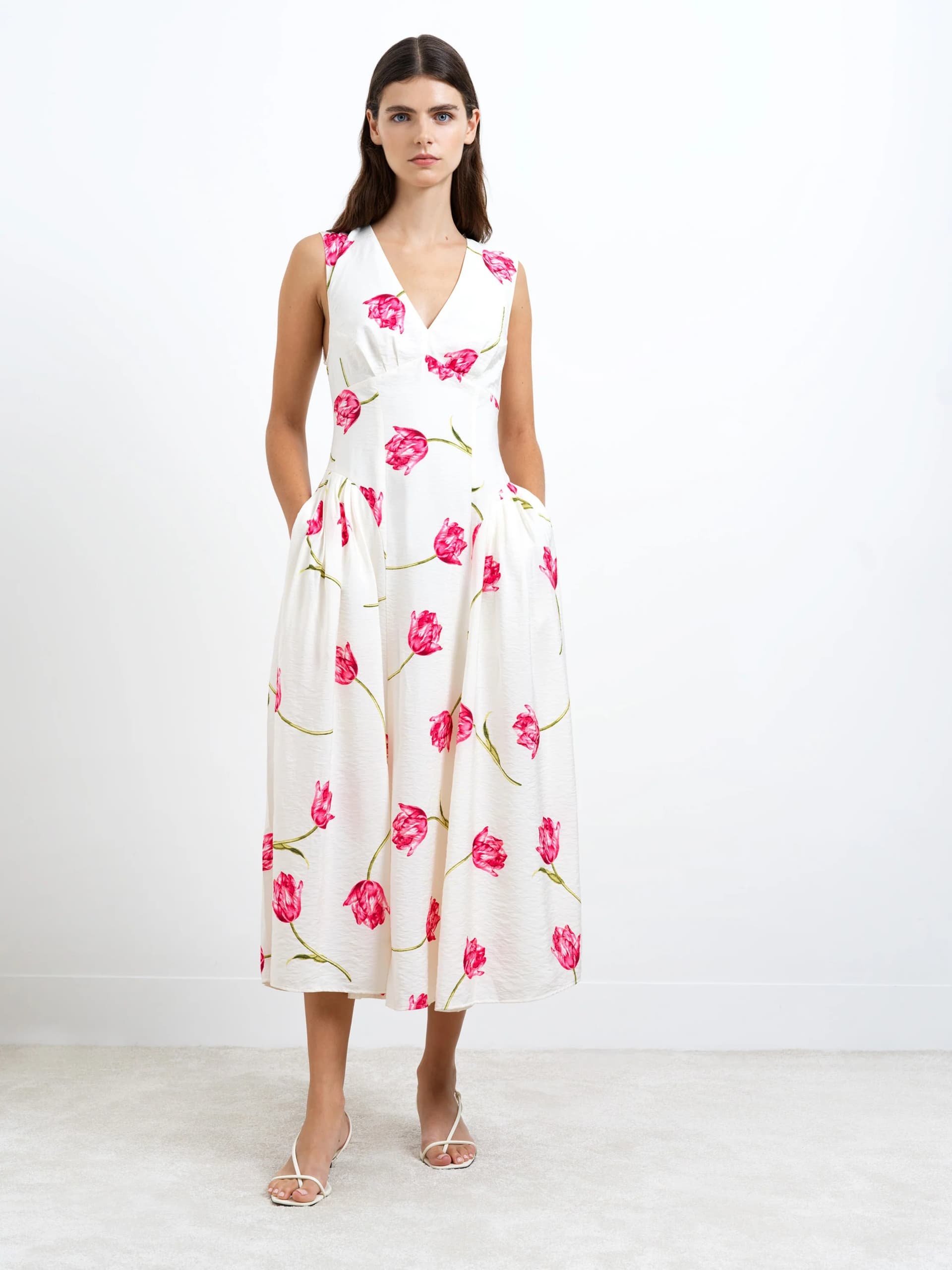 French Connection Cressida Faron Floral Drape Midi Dress Ivory/Pink Multicoloured