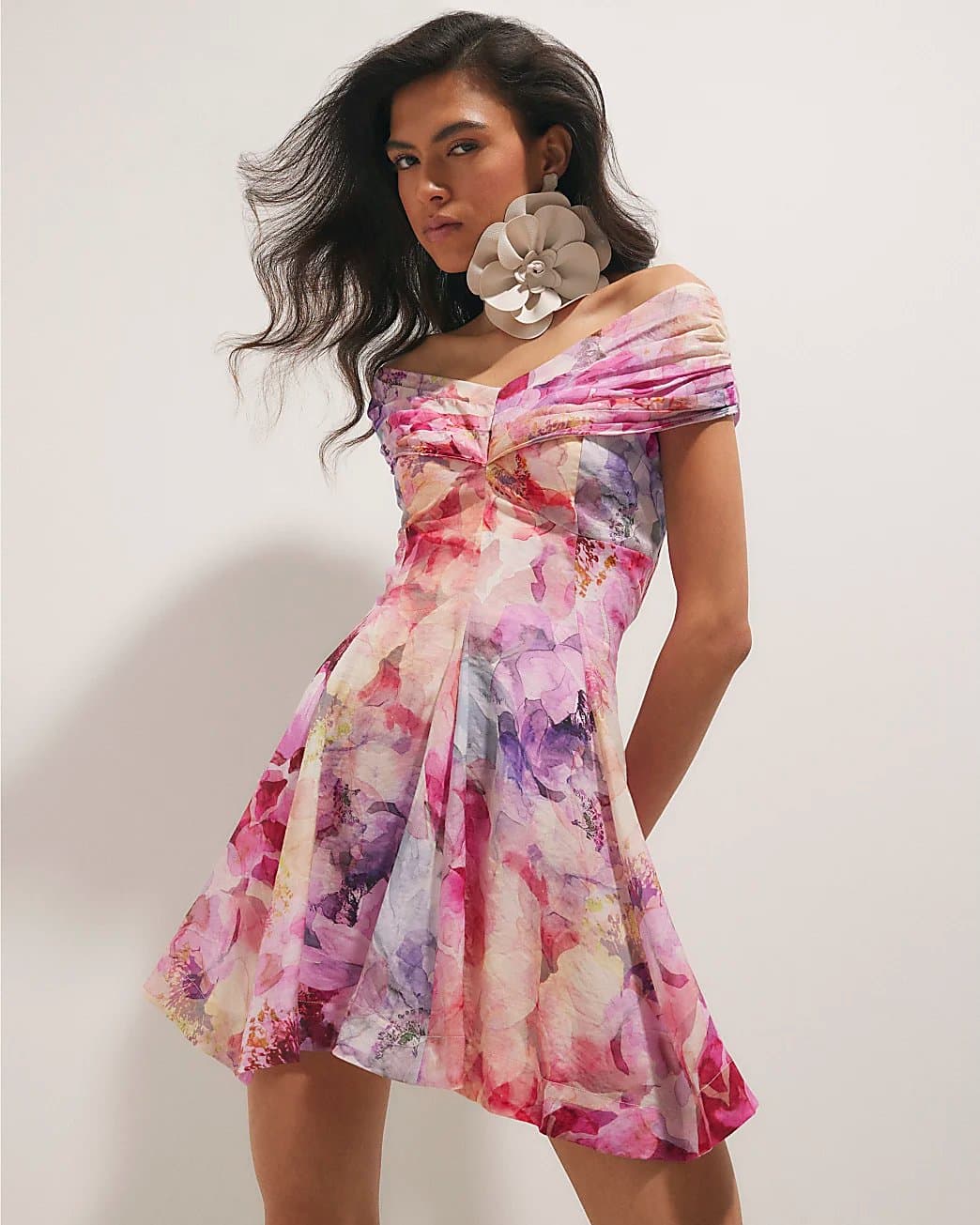 Ri Beauty River Island Womens Pink Floral Print Bardot Mini Dress